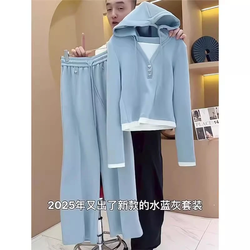 【LIANG哥女装】2025春季水蓝色假两件撞色连帽休闲套装网红洋气mm