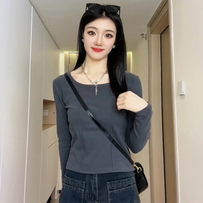 美拉德双面德绒打底衫女秋冬季内搭设计感小众短款上衣u领长袖t恤