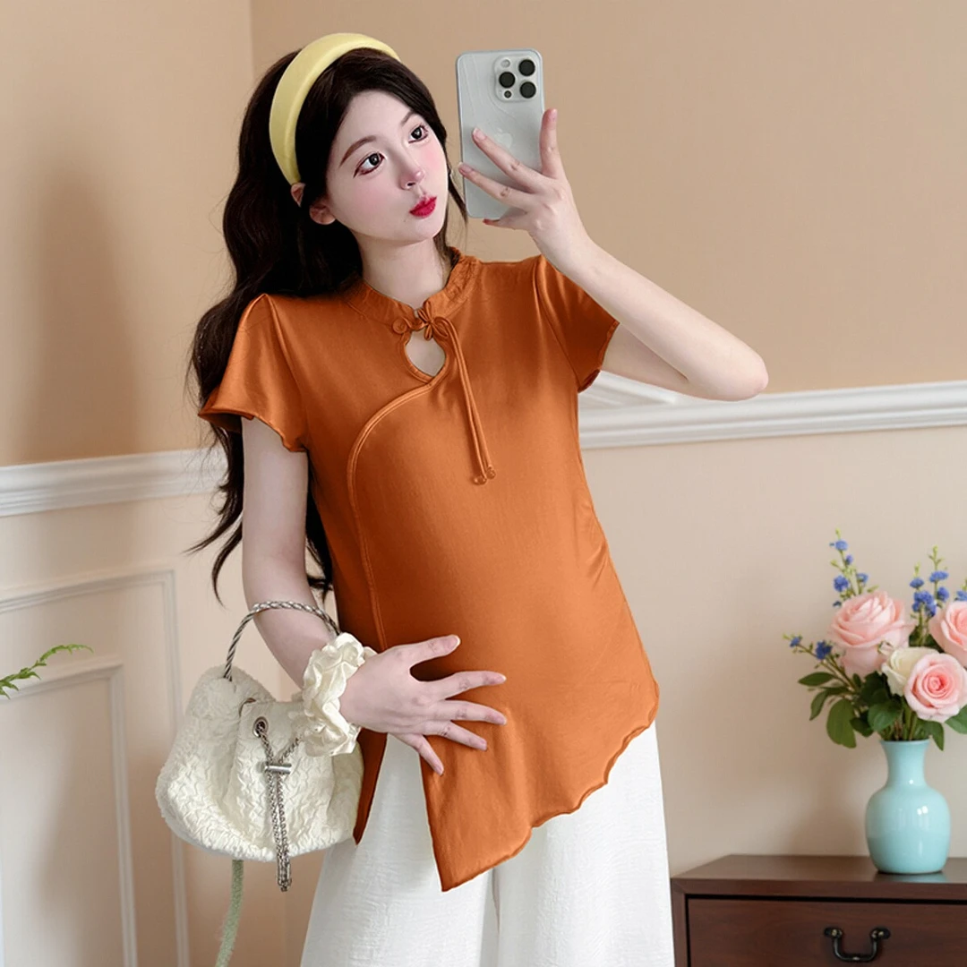 孕妇装2025夏季新款新中式短袖上衣孕期纯色国风气质遮肚盘扣T恤