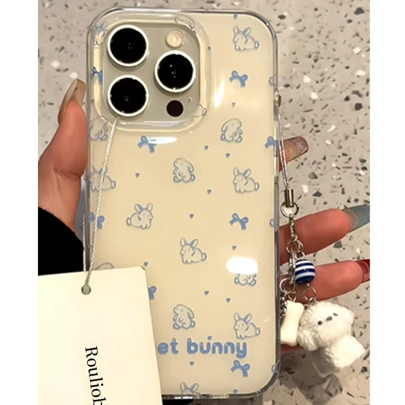 BANCAIMD蓝线条兔子挂链适用苹果16/15/14手机壳华为vivo小米oppo
