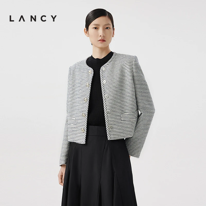 LANCY/朗姿【专柜同款】新款圆领条纹长袖短外套高端小香风
