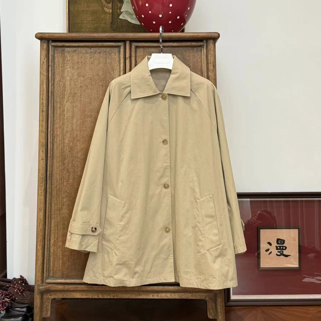 漫颜刘2024秋冬新品锦棉混纺风衣纯色翻领中长款纯色气质通勤外套