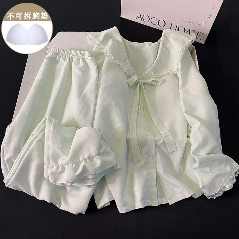 网红风睡衣女新款春秋季带胸垫绿色长袖开衫小个子舒适家居服套装