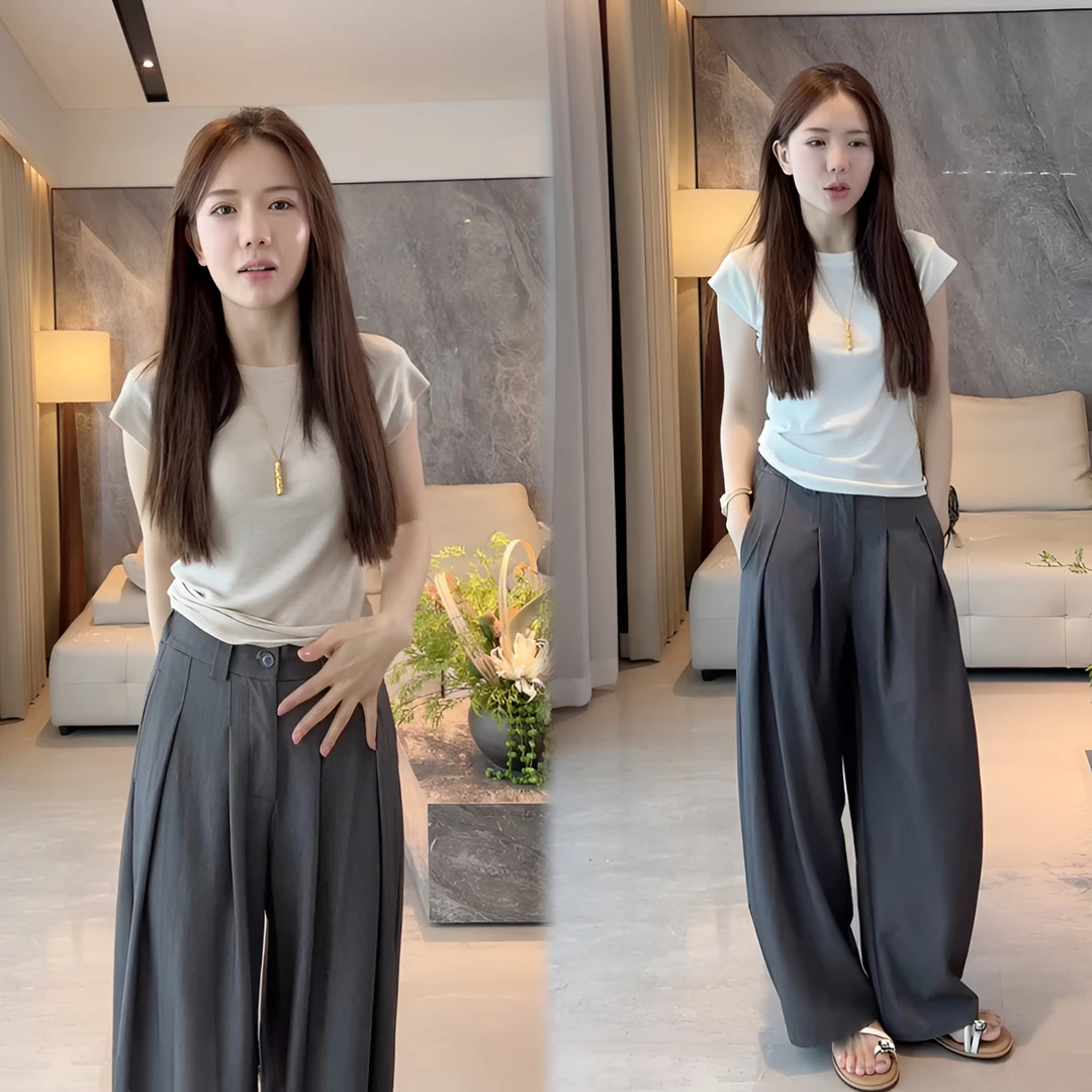 2025夏季时尚简约修身短袖T恤上衣显瘦百搭轻薄透气休闲裤套装女