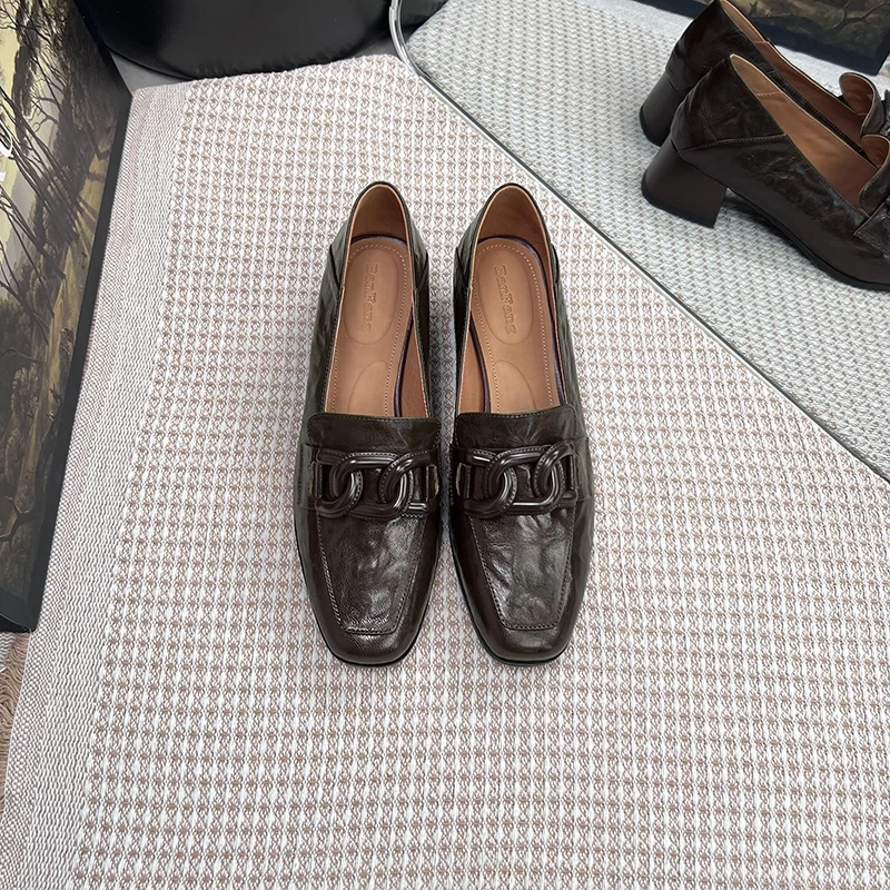 半坊手工女鞋|34-40|4cm|复古方头羊皮深口金属英伦风粗跟单鞋