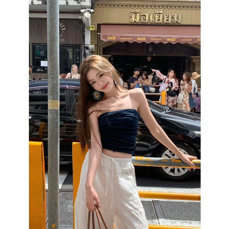 2025夏季新款减龄穿搭漂亮洋气纯欲风短款抹胸白色阔腿裤两件套装