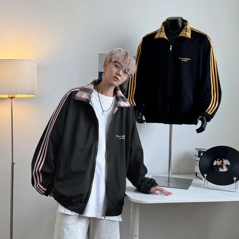 美式复古三条杠立领夹克男2025春季潮牌宽松拉链夹克情侣开衫外套