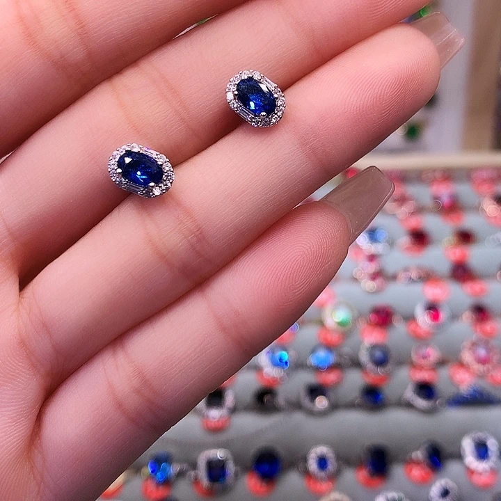 蓝宝石耳饰银S925镶嵌