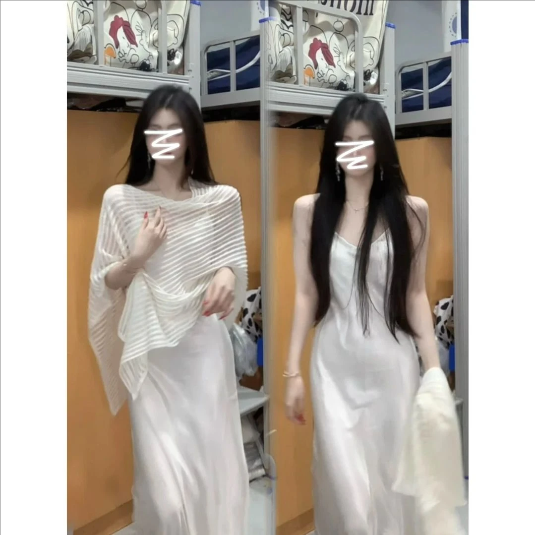 不规则气质斜肩针织防晒罩衫女夏季时尚套装缎面吊带连衣裙两件套