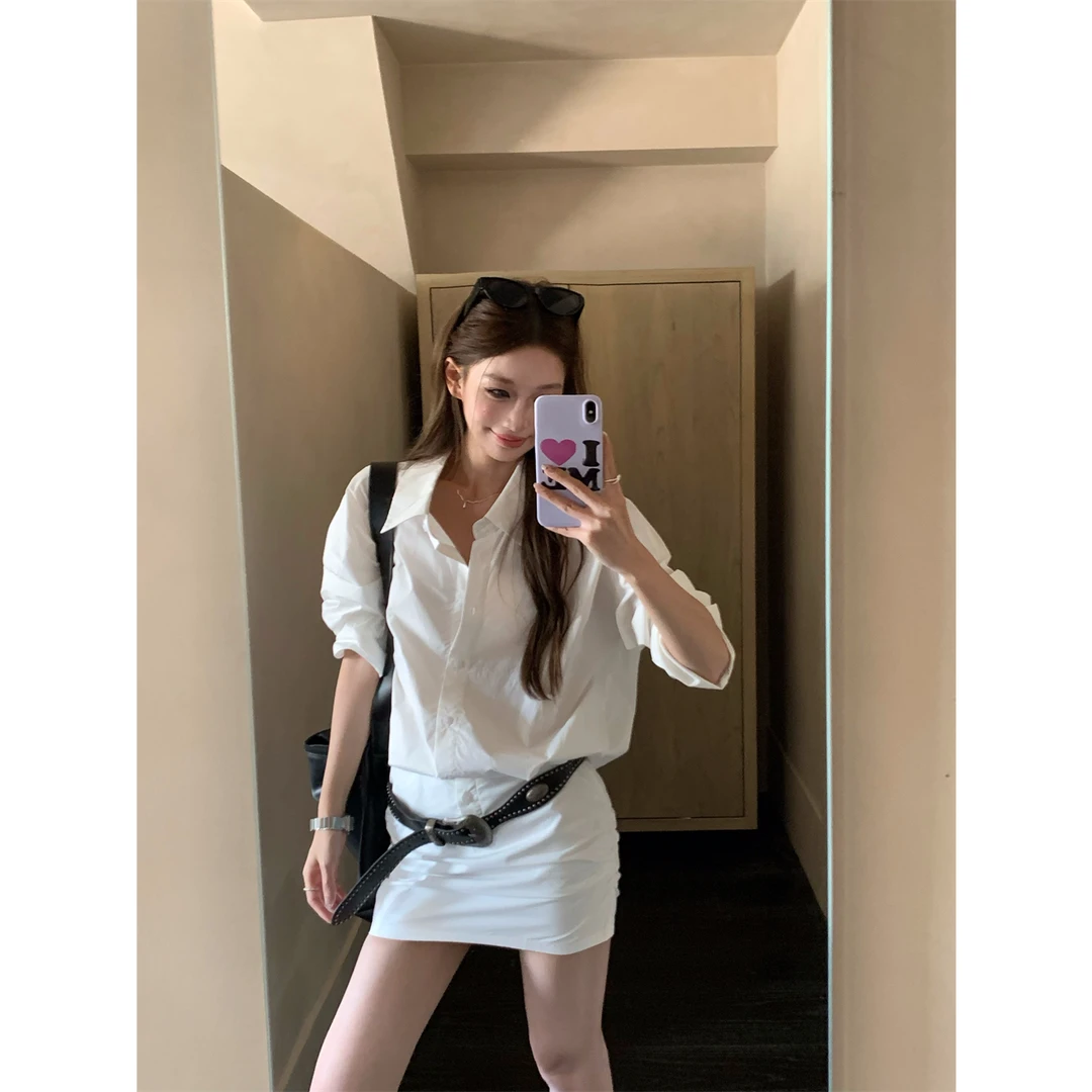 条纹序曲白色长袖衬衫连衣裙女夏修身短款包臀裙子显瘦气质时尚