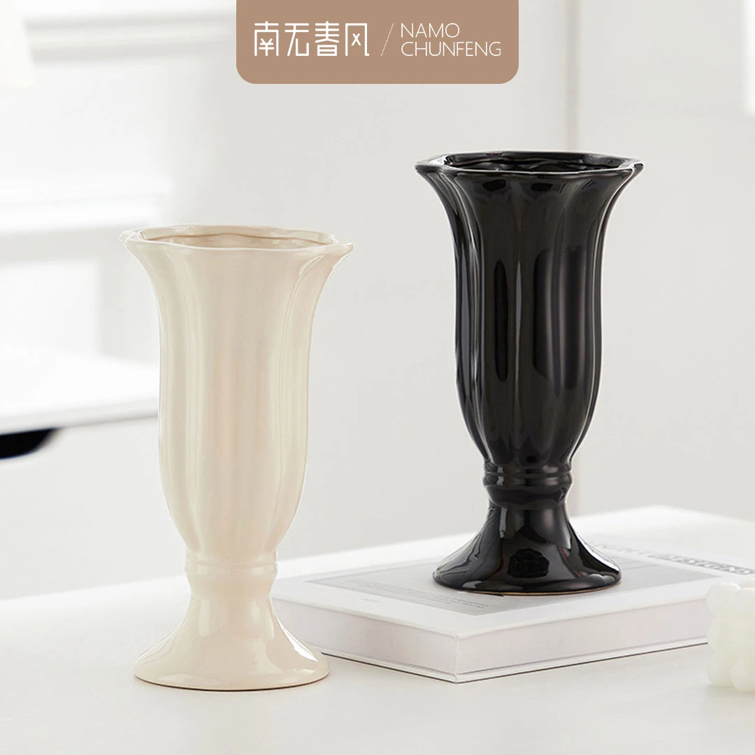 [高脚酒杯花瓶]陶瓷轻奢高级感复古白色郁金香百合法式复古手工