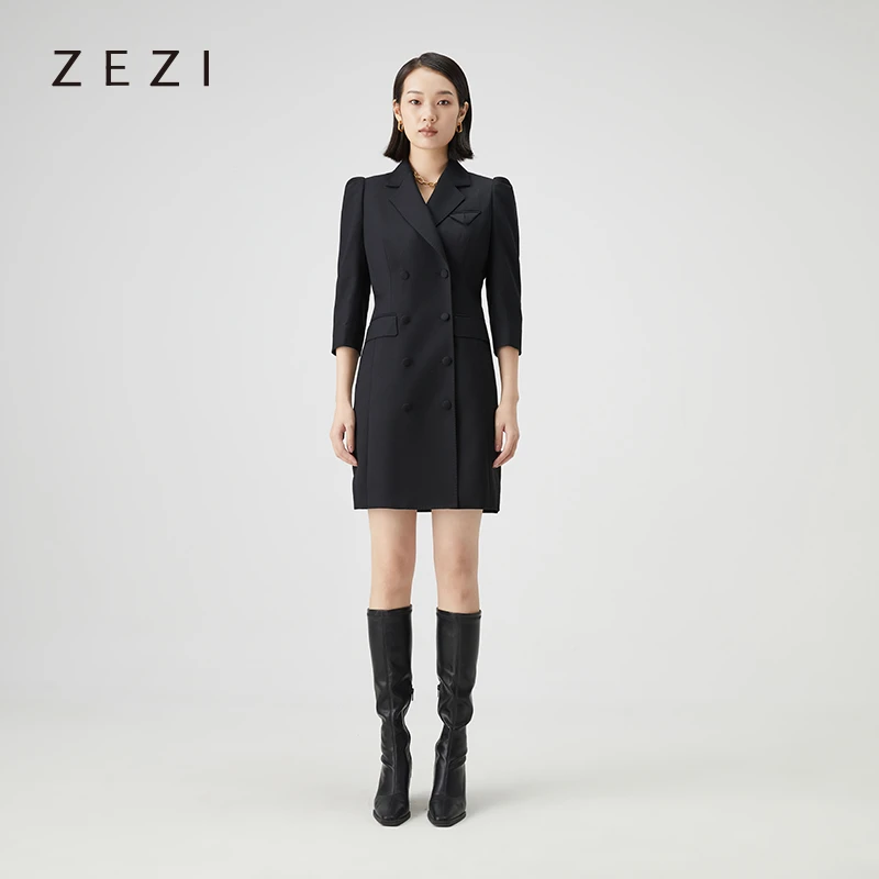 ZEZI清仓-新品黑色泡泡袖羊毛西装连衣裙711-055-004-HEI