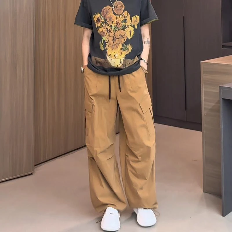 南瓜色抽绳工装阔腿裤女2025夏季新款美式复古宽松休闲直筒拖地裤