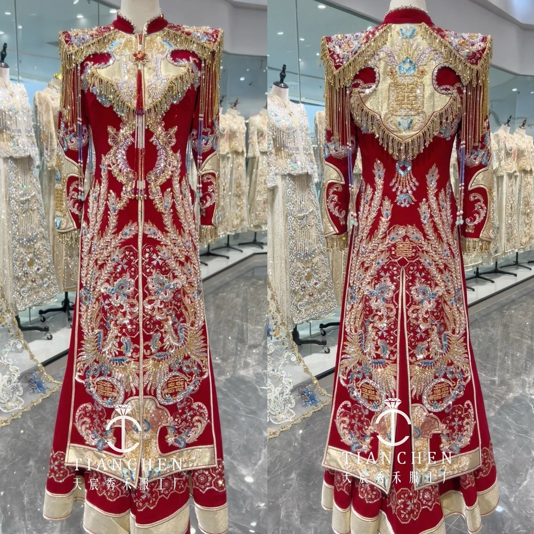 礼服馆批发拿货看款链接 高定重手工红色丝绒显瘦汉服铺床秀禾服