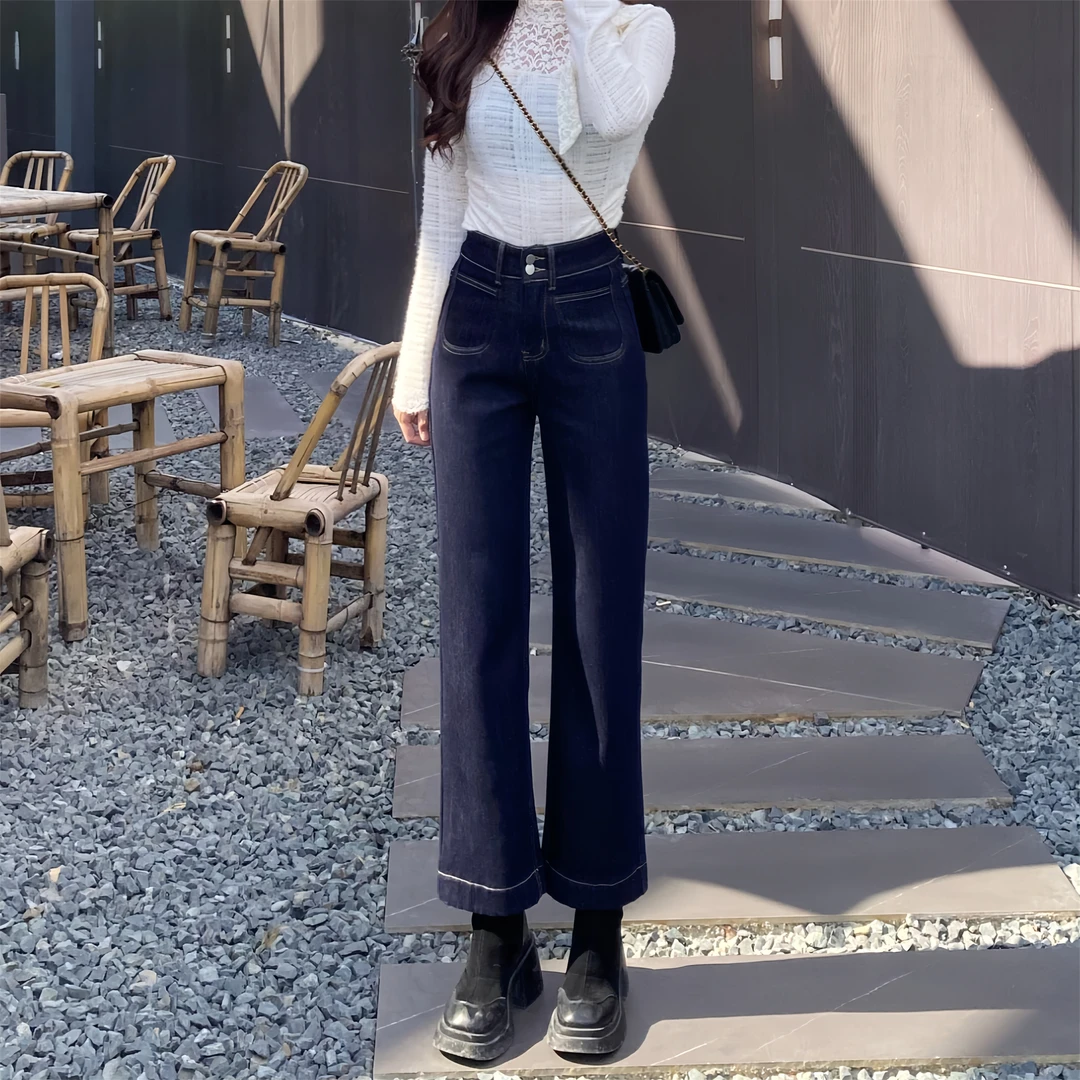 丹宁蓝时尚百搭秋冬港风气质高腰小个子直筒显瘦牛仔裤直筒裤9176
