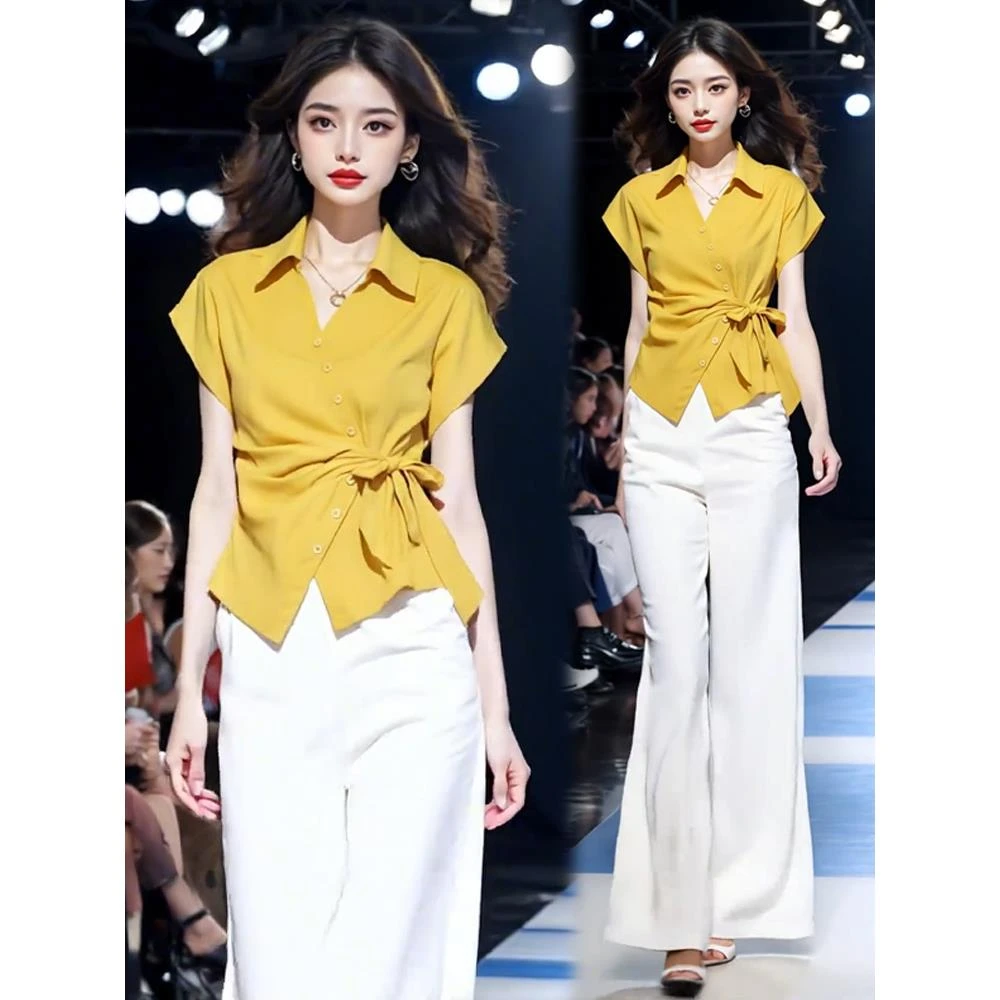 时尚套装女2025夏季新款时髦洋气不规则系带上衣阔腿裤气质两件套