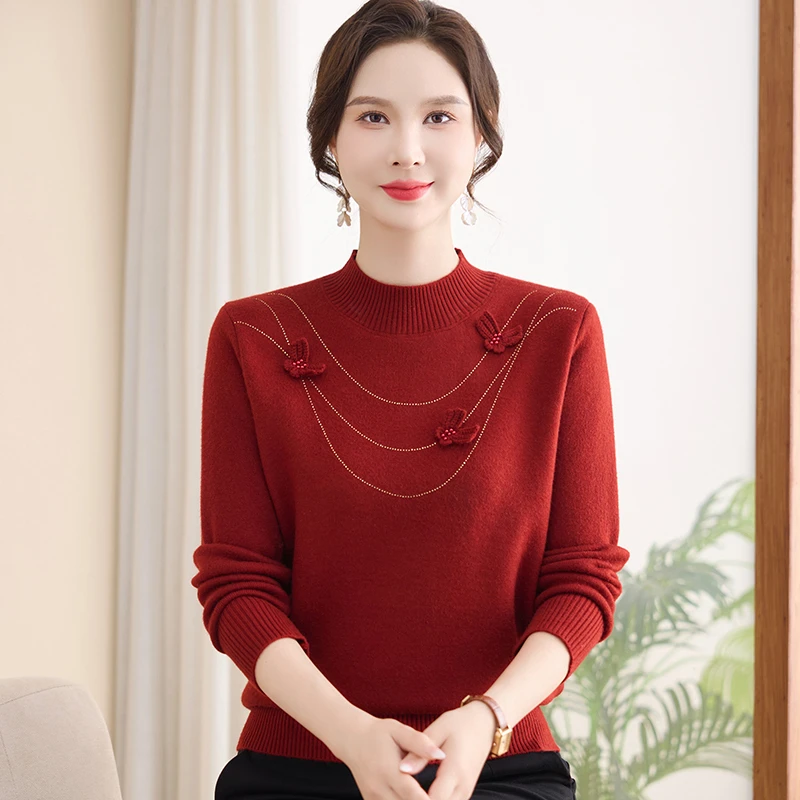 中老年女装加绒毛衣加厚冬季中年妈妈半高领保暖针织衫洋气宽松
