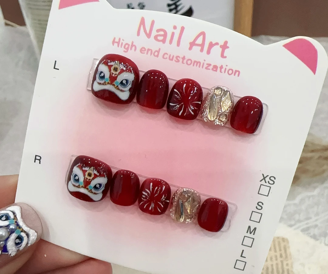 红猫眼醒狮新年穿戴甲气质手工