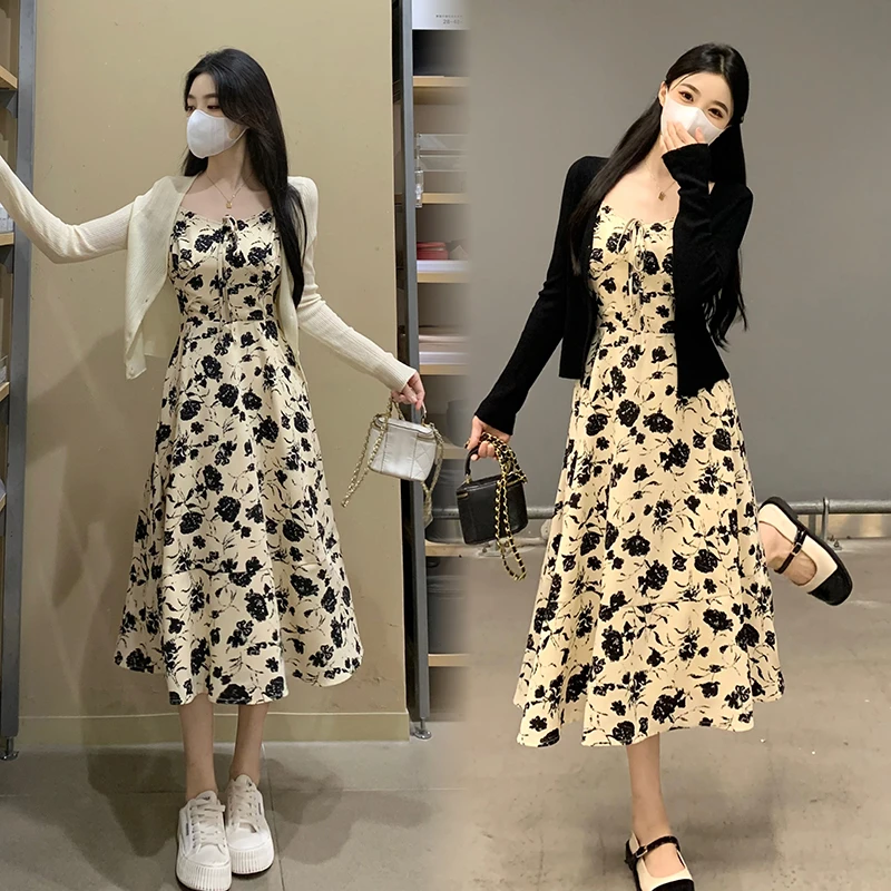 【运费补贴】【两件套】大码法式复古赫本风吊带碎花裙+百搭开衫 F001