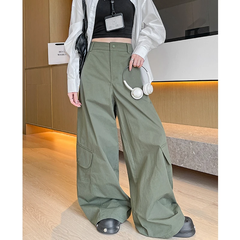 军绿复古阔腿工装裤女2025夏季新款高腰显瘦宽松休闲百搭弯刀裤子
