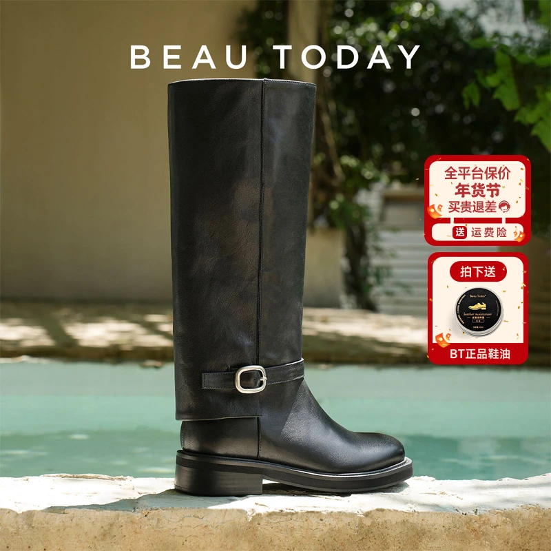 BeauToday【显瘦】骑士靴女2025新款黑色真皮靴厚底长筒靴女时尚靴