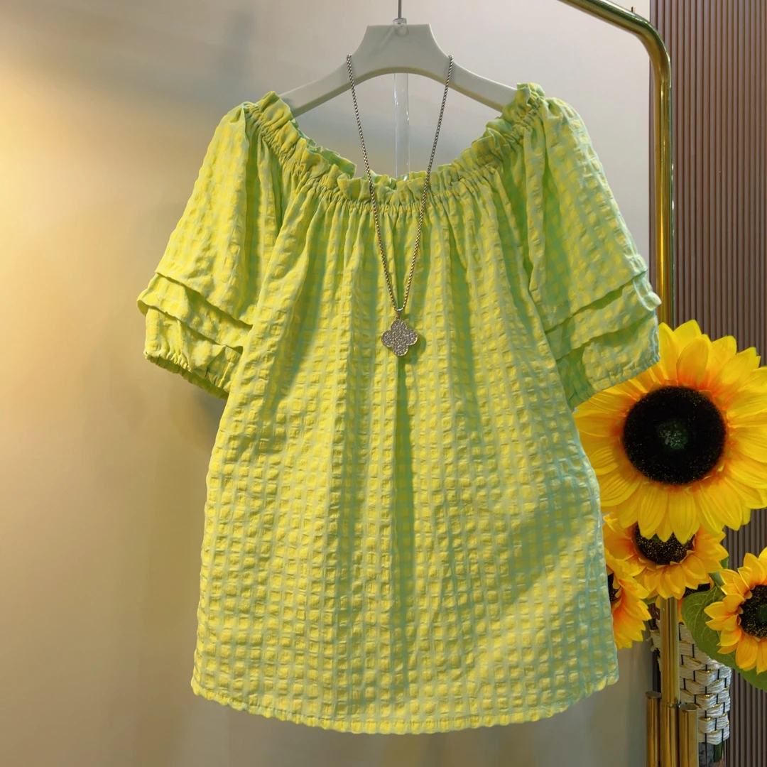 QQY夏季新款一字肩格子短袖T恤上衣