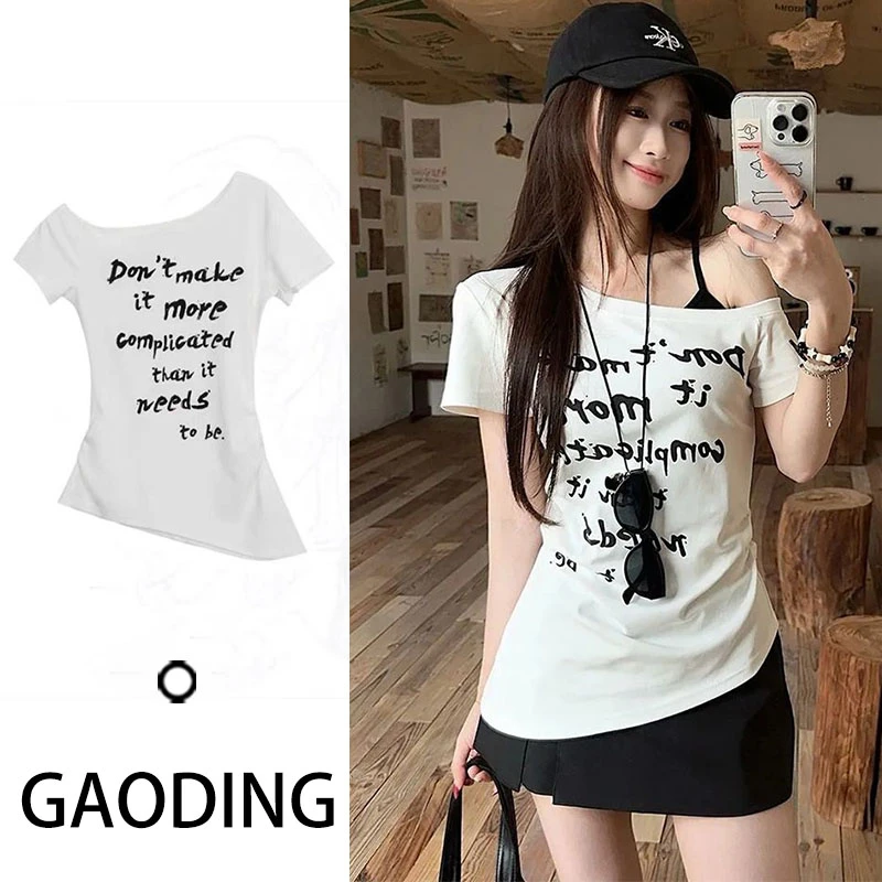 别致字母短袖印花斜肩修身白色女T恤休闲百搭夏季muji风辣妹上衣