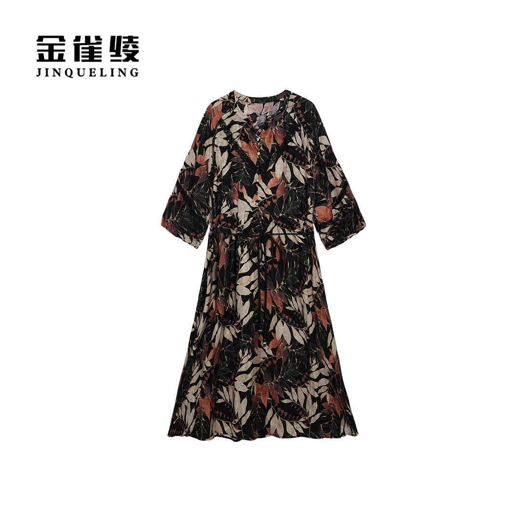 金雀绫【暗夜晚风】设计师款透气碎花显瘦大码女装连衣裙SZA1L192