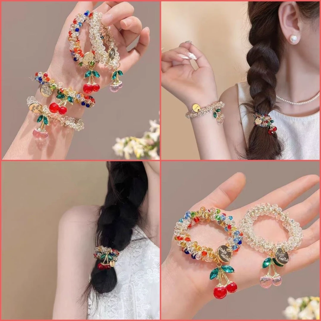 新款高级感发圈透明水晶马尾头绳手链两用头饰彩色水钻樱桃发绳女