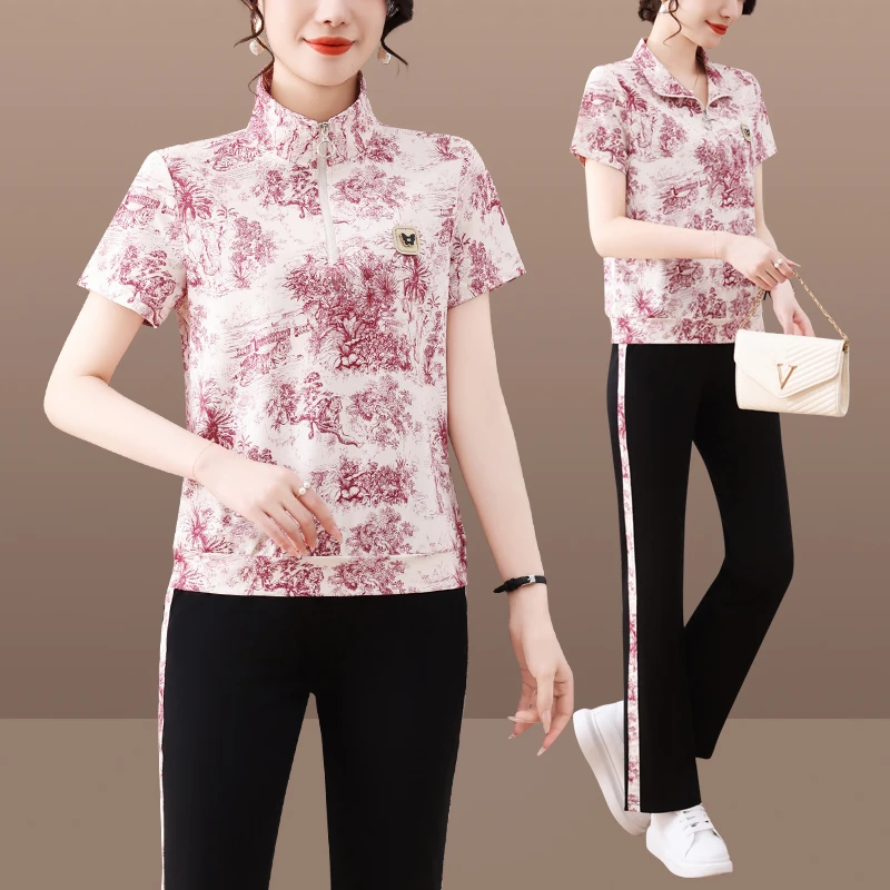 恩狐妈妈夏装休闲花色T恤套装2025新款中老年短袖上衣两件套