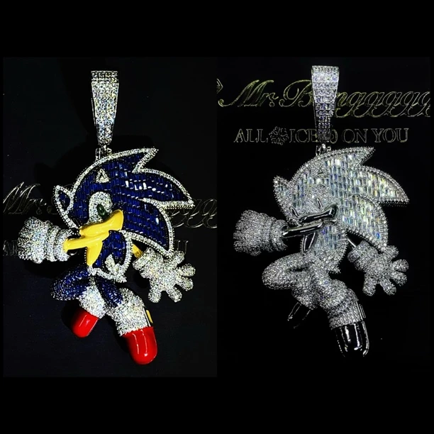 铜合金合成锆石吊坠 Mr.Bling欧美嘻哈 满钻彩色梯方钻索尼克项链