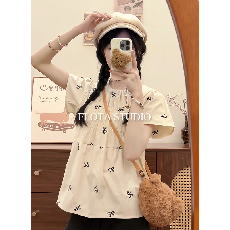 【FLOTA】蝴蝶结气质娃娃衬衫短袖T恤女小香风设计感捏褶上衣0767