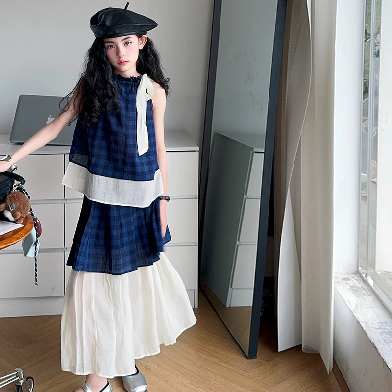 韩版童装夏季新品女童洋气挂脖网格背心甜美拼接撞色半身裙套装潮