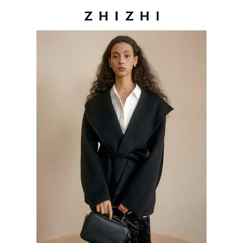 致知 东坡引 高级感连帽斗篷毛呢外套24秋新款双面呢ZZ2DAWWW027