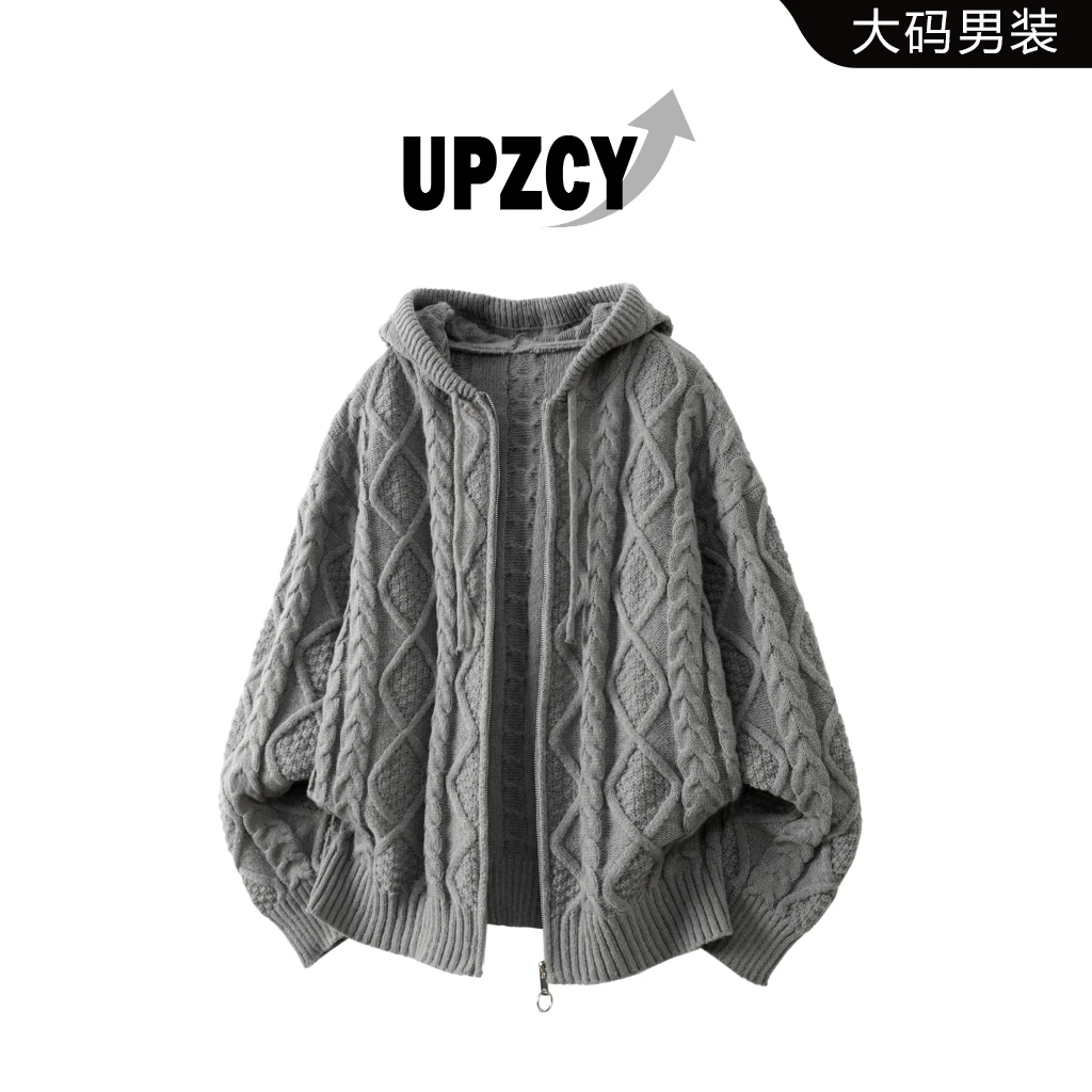 UPZCY美式大码慵懒风连帽开衫毛衣男士秋季宽松休闲针织衫上衣服