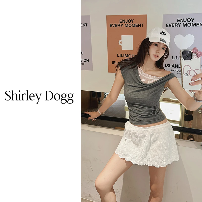 汤元家sd 气质蕾丝拼接斜肩短袖上衣