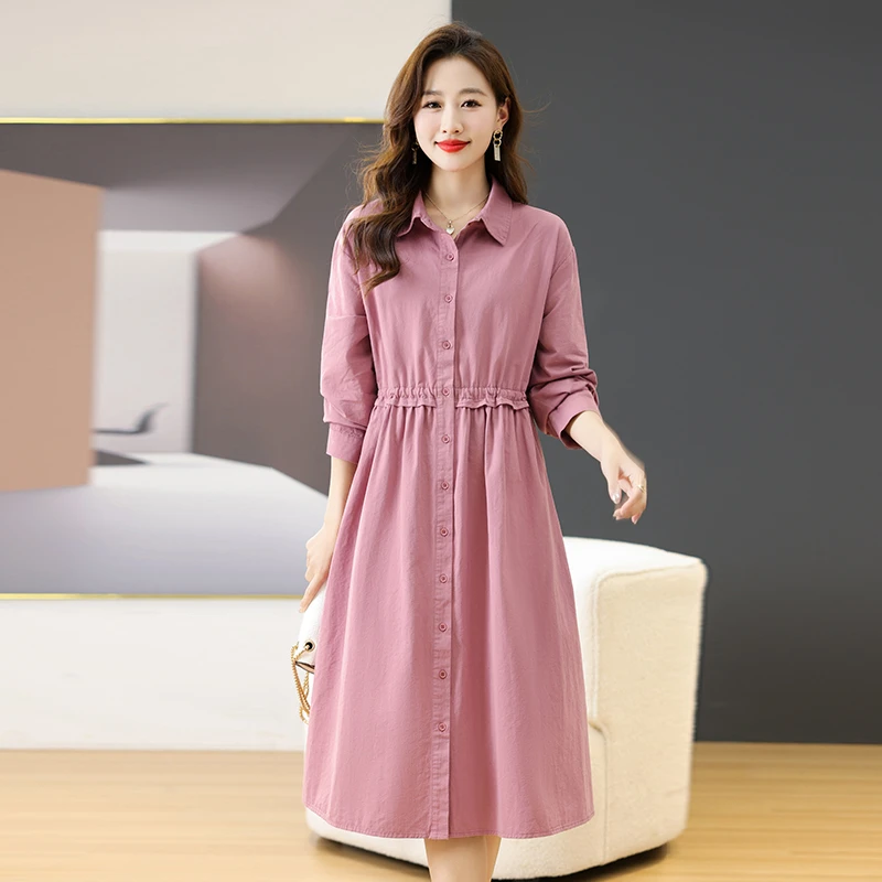 长袖连衣裙女2025春秋新款复古气质文艺收腰显瘦小个子棉麻衬衫裙