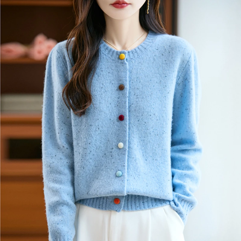 羊范2025秋冬新款七针加厚彩扣彩点纱针织衫女士圆领100%羊毛长袖