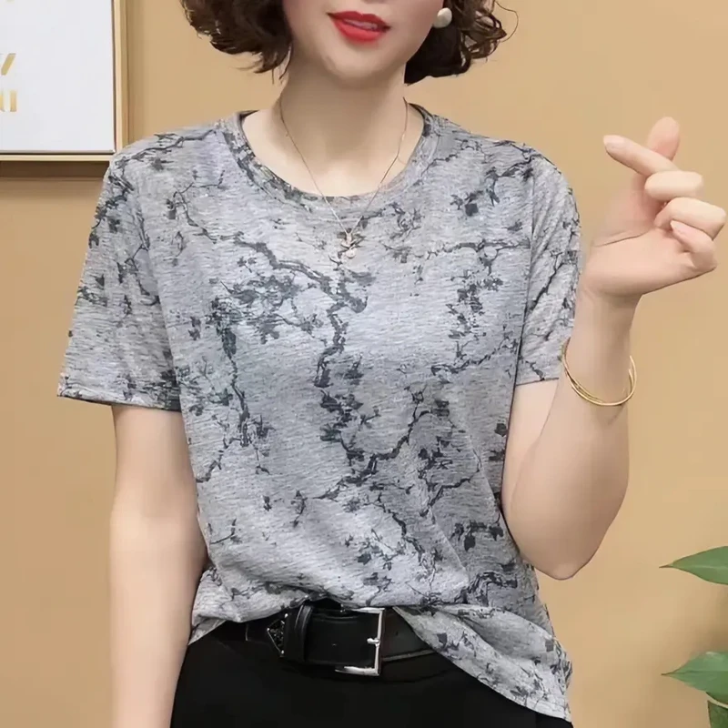 圆领打底衫T恤女士短袖洋气时尚百搭印花半袖中年气质大码休闲