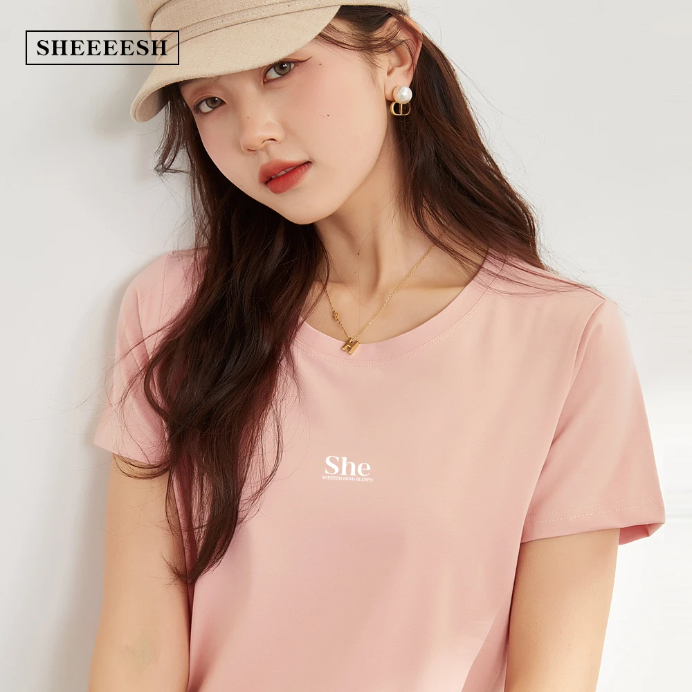 SHEEEESH夏季圆领短袖T恤女外穿宽松显瘦正肩半袖打底衫上衣百搭