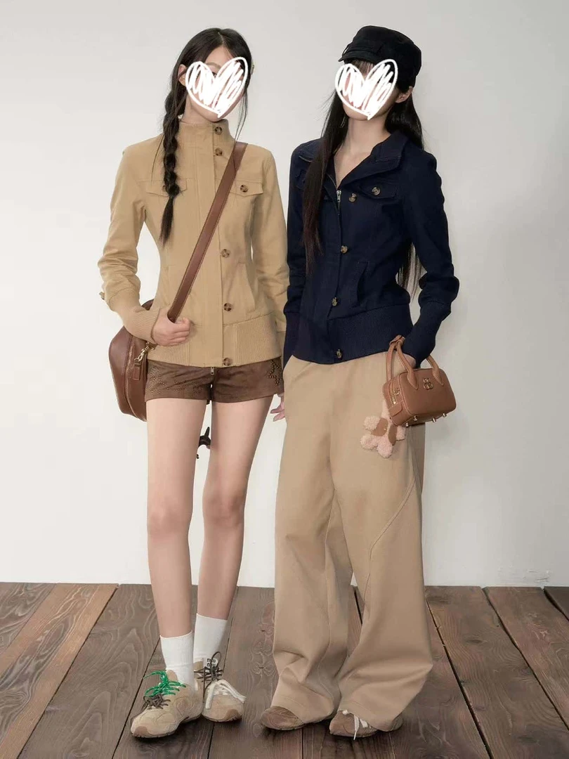 美式复古立领工装夹克外套女秋季新款设计感修身显瘦拉链上衣开衫