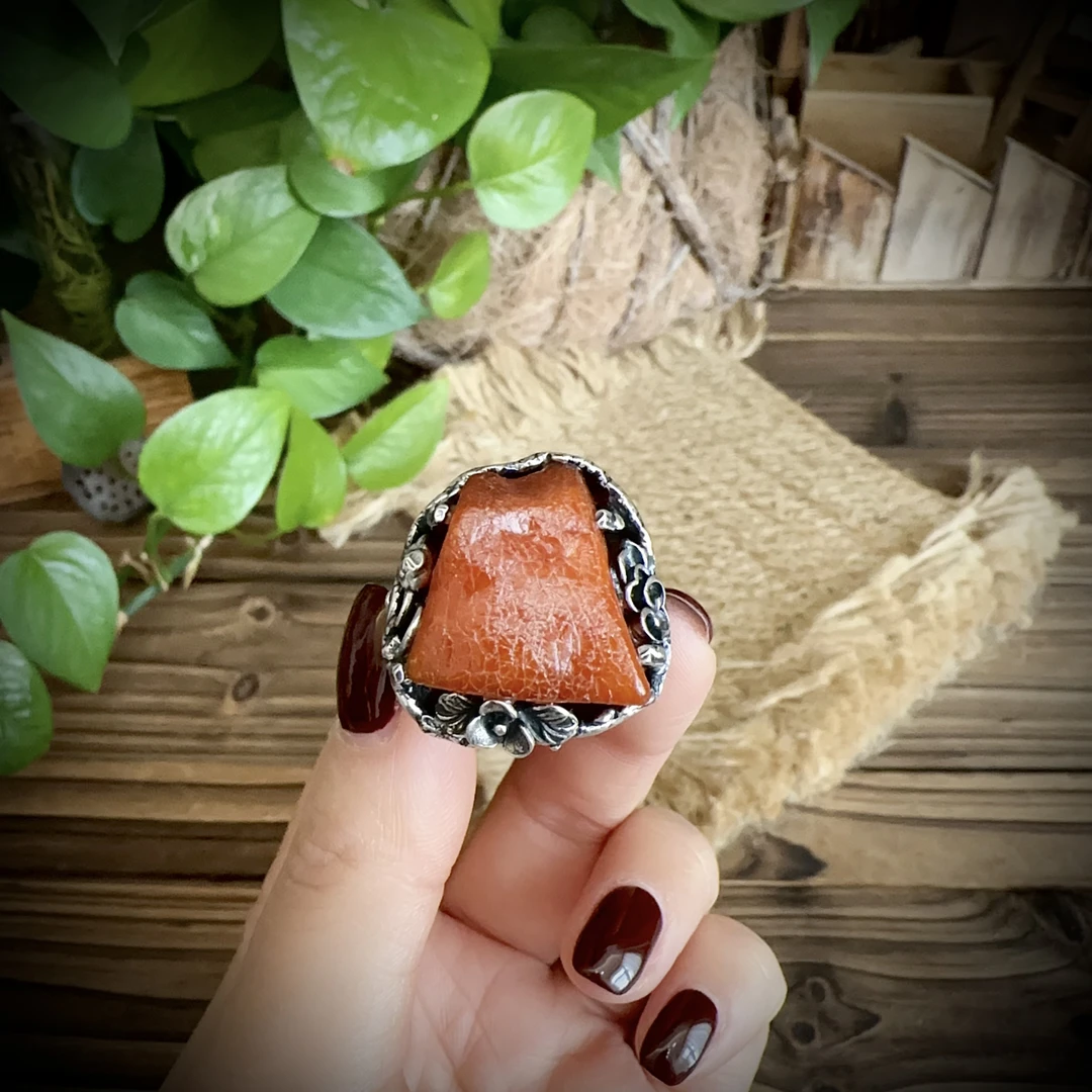 【古香古色】复古s925银蜜蜡琥珀戒指（开口可调节）