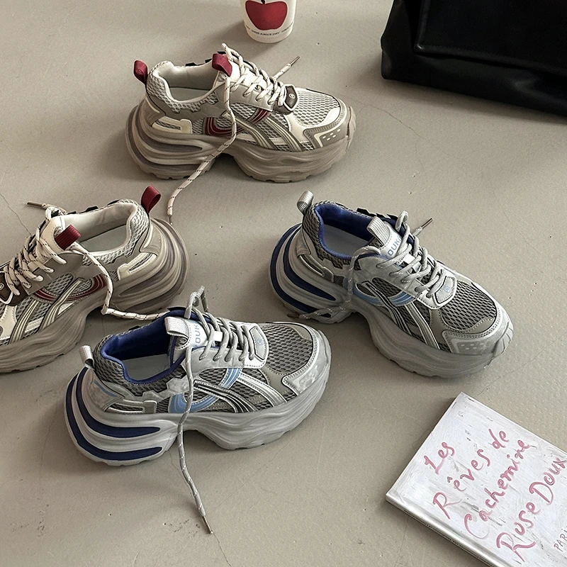 时尚百搭舒适透气网面拼接皮面厚底老爹鞋女2025秋冬单鞋休闲鞋