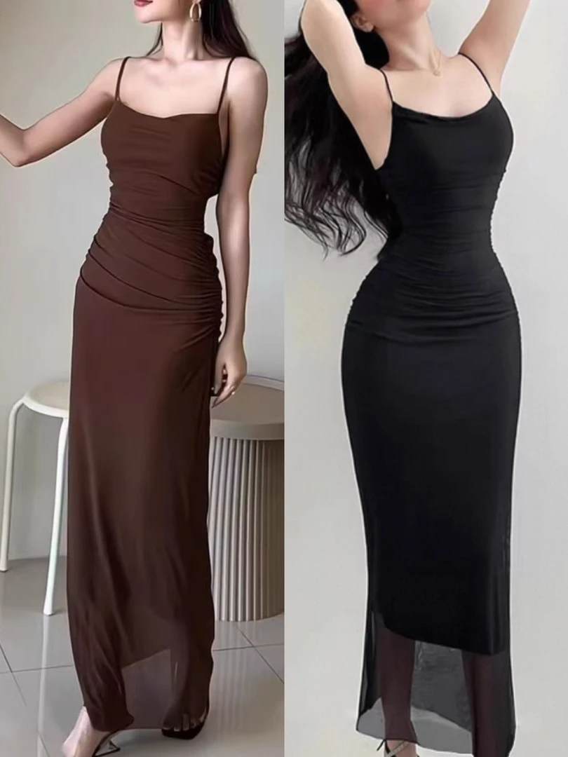 【榛果摩卡】胖mm纯欲收腰吊带连衣裙轻奢宴会显瘦长裙1916