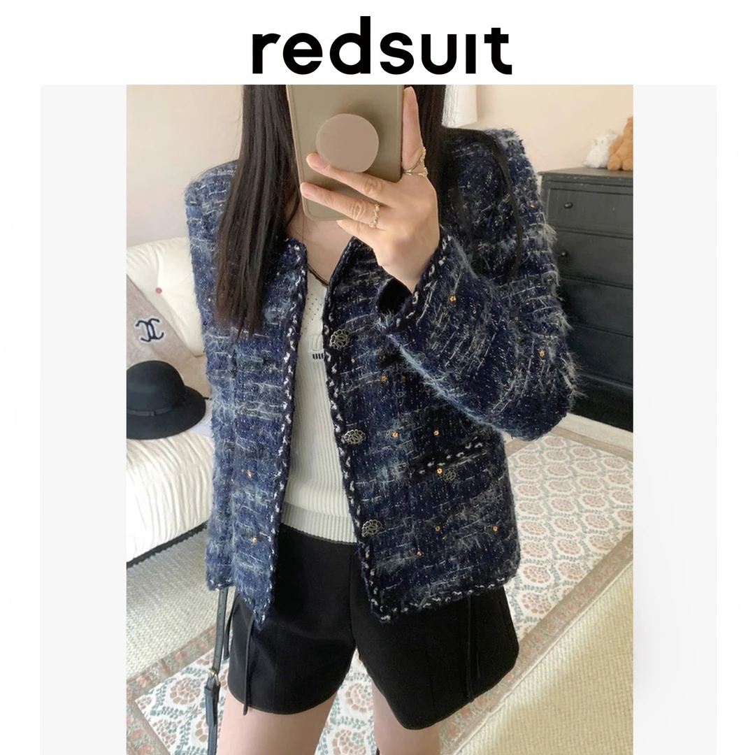 redsuit 奢华质感！手工花边圆领藏蓝色四口袋小香风外套显白上衣