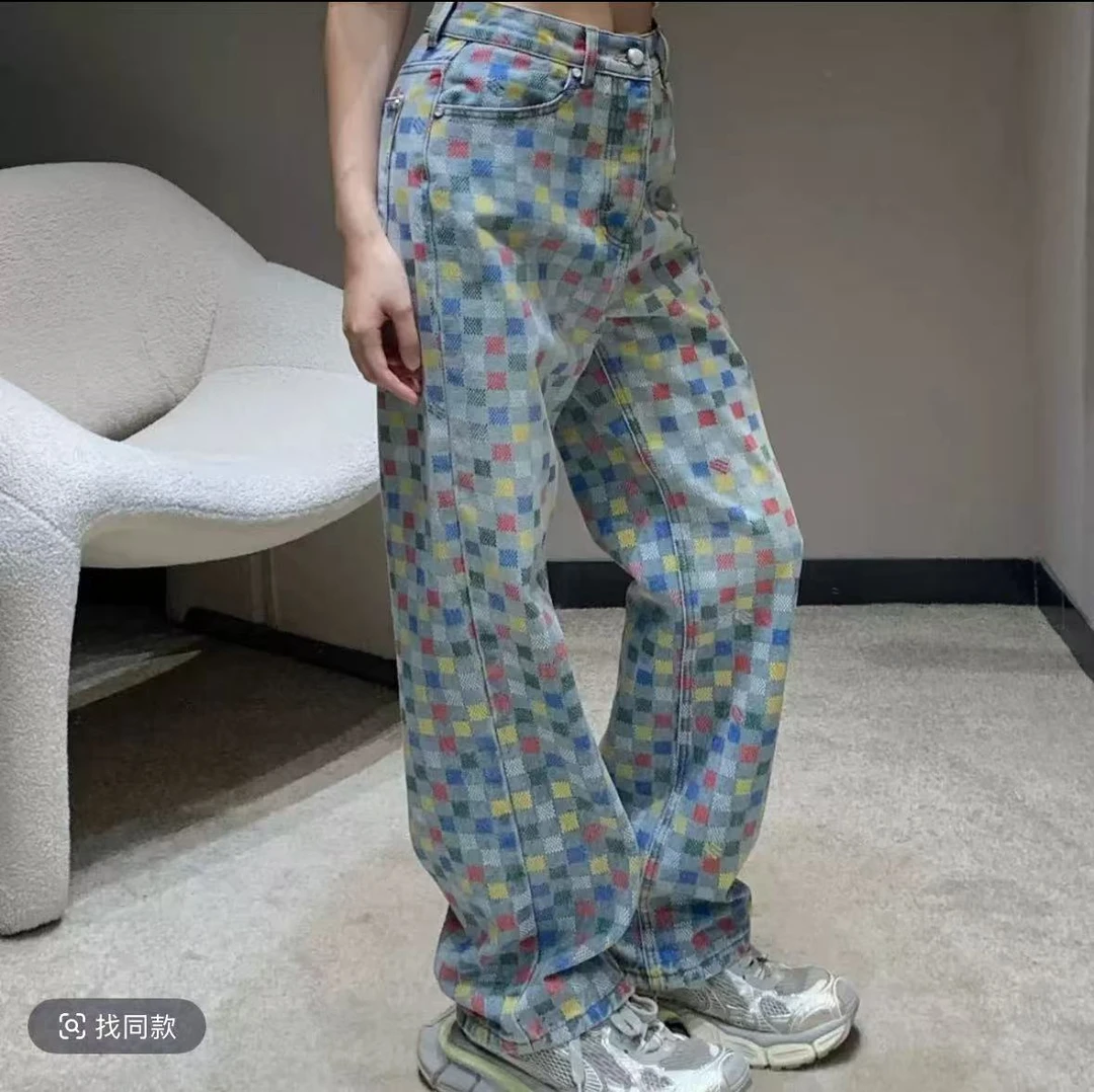 A184 马户彩色棋盘格提花直筒牛仔裤女（哎哟喂）