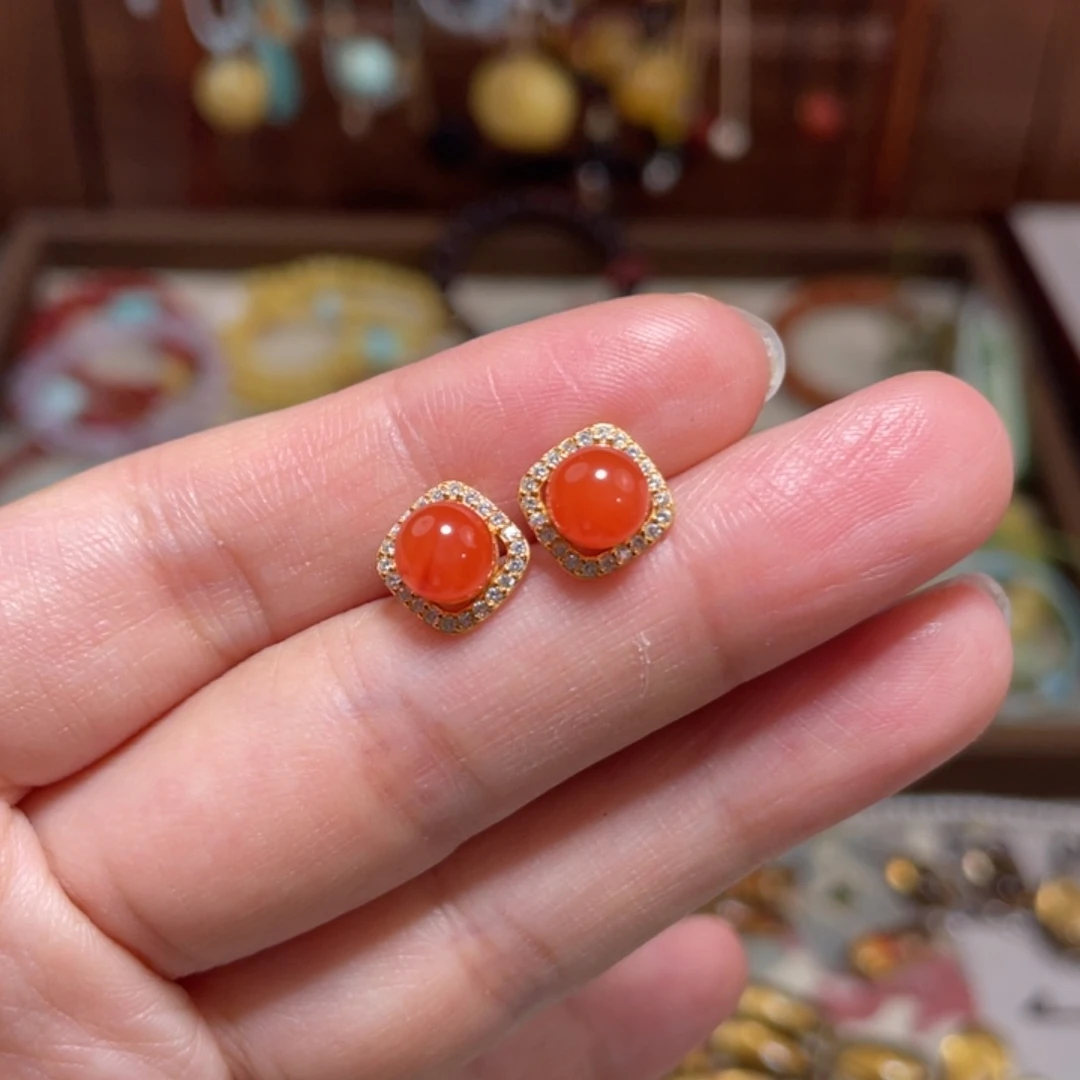 南红玛瑙银S925镶嵌耳饰X*