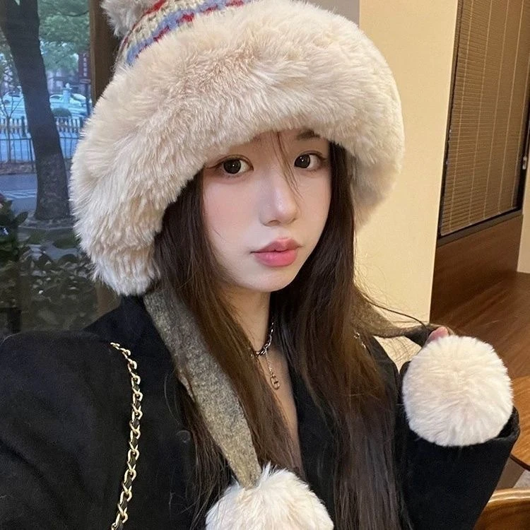 秋冬季女士网红披肩毛毛雷锋帽加绒百搭柔软韩版帽子冬天保暖女款