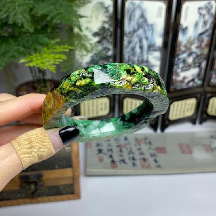 58.6老料黄加绿三彩随形方镯手镯  天然翡翠A货手镯