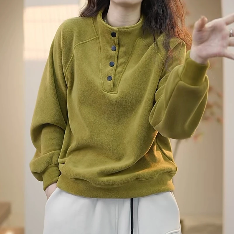 澳粒绒保暖立领套头半开领卫衣女秋冬款韩版复古大码宽松长袖上衣